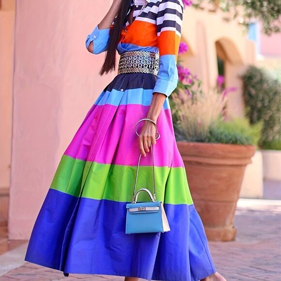Dresses & Skirts - Lapel Long Sleeves Shirt Dress Multi-colored Striped A-line Maxi Dress